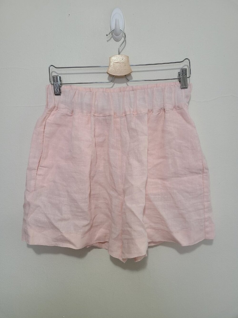 120% Lino 100% Linen Relaxed Tailored Shorts Pink Elastic Waist Size 42